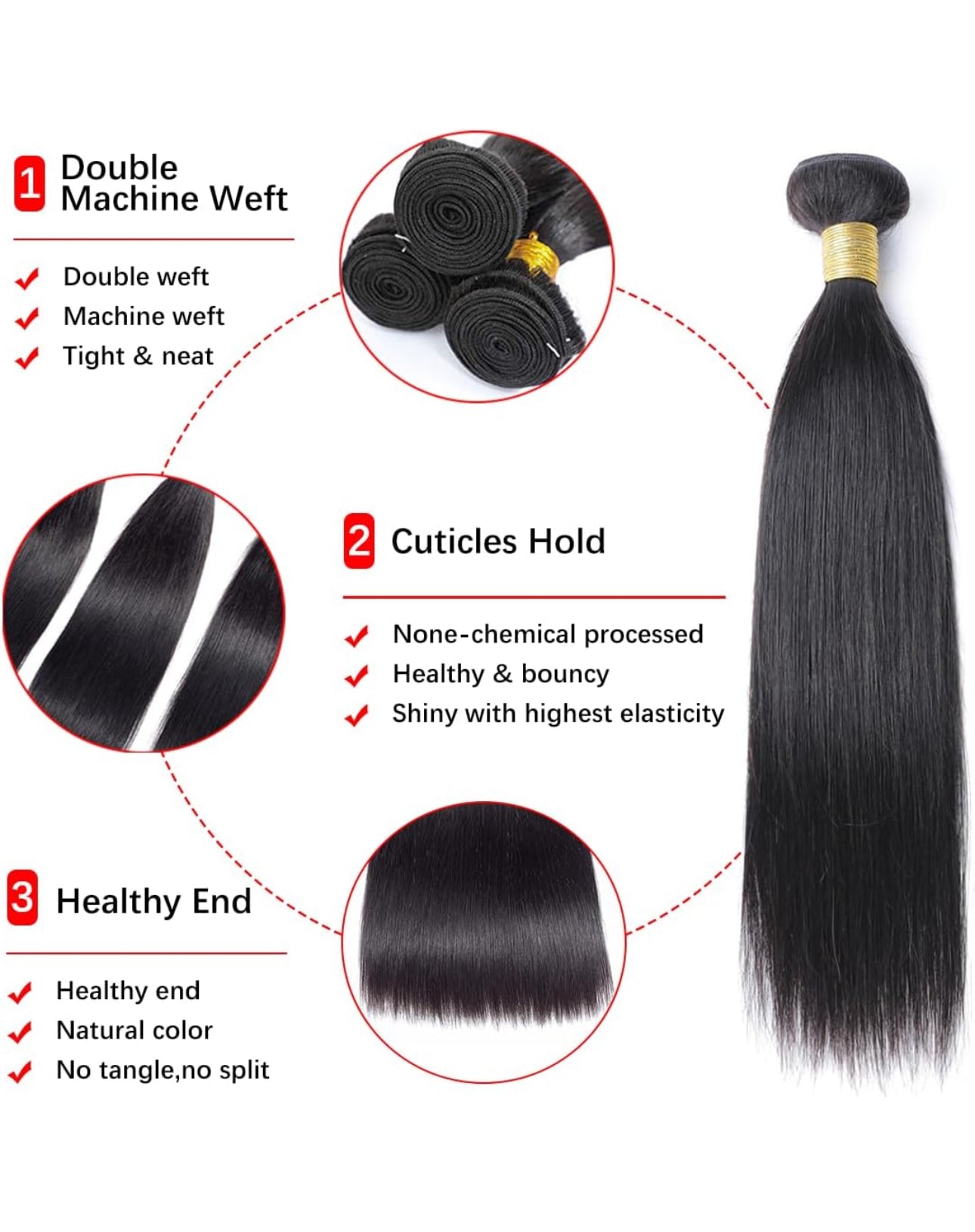 10A Straight Human Hair Bundles (14 16 18 Inch) 100% Unprocessed Brazilian Virgin Weave Bundles Human Hair Extensions Natural Color Double Weft No Split Softness
Bundles Full And Thick
Color: 3 bundles human